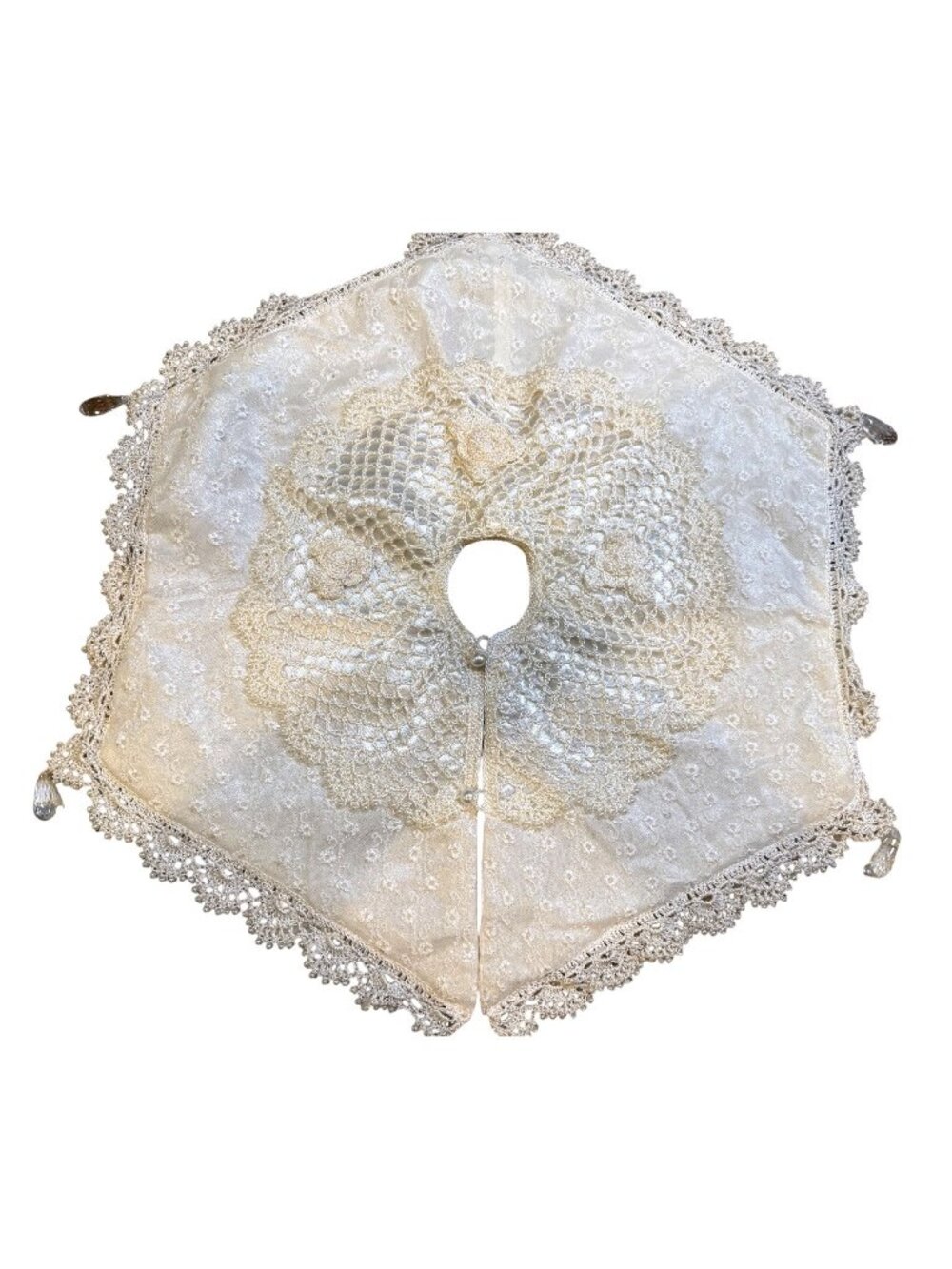 Vintage Mini Christmas Tree Skirt  18" Ivory Lace Beaded Embroidery & Pearl Trim